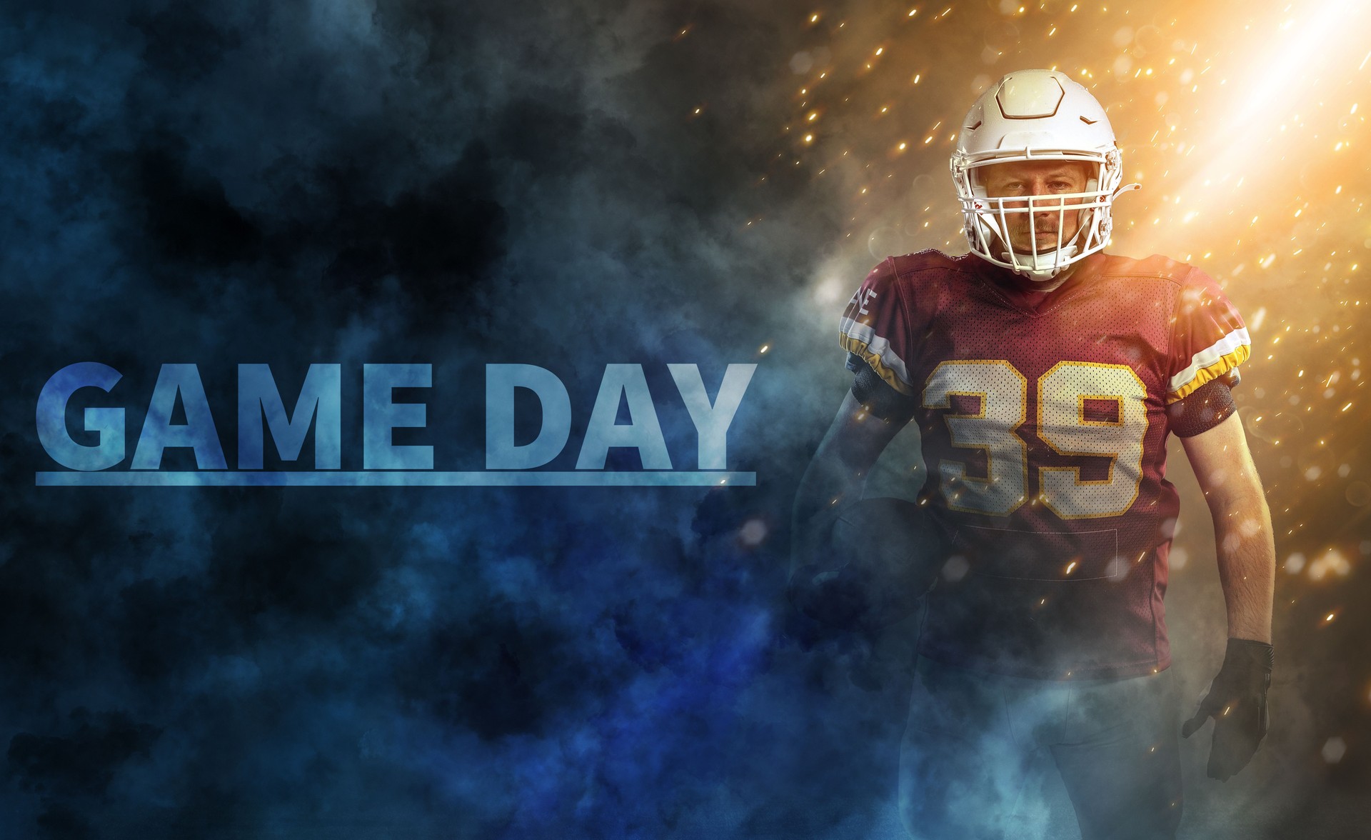 Game Day. American football player banner. Template for a sports magazine, website, outdoor advertisement with copy space. Mockup for betting ads.